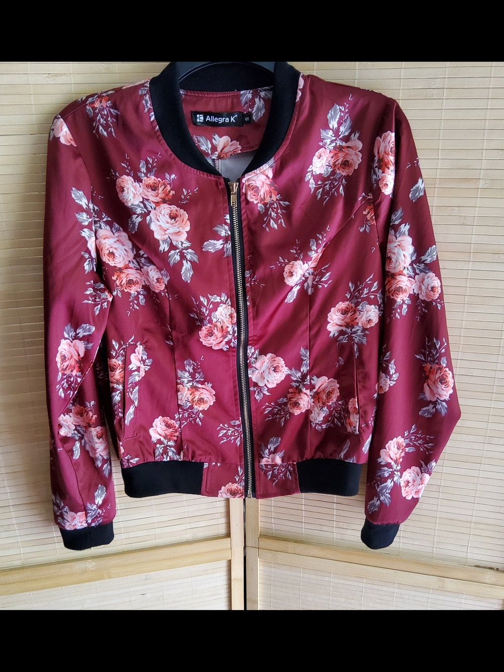 Allegra K Women's Floral Bomber Jacket W/ Pockets - Burgundy